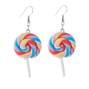 Cute colorful lollipop hook earrings made of polymer clay, sweet candy design for women.