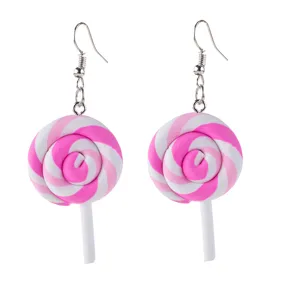 Close-up detail of the pink and white swirl lollipop pendant earrings with metal hook.