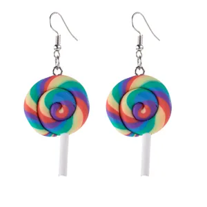 Detailed close-up of colorful lollipop design earrings made with polymer clay, cute candy style.