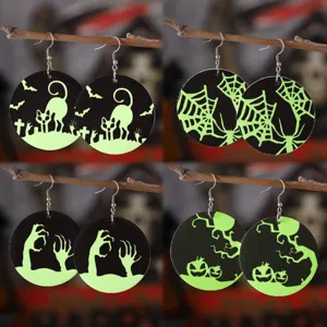 Pendientes Redondos de Cuero PU Fluorescente Gótico Halloween Mujer Pendientes de Calabaza Murciélago de Doble Cara