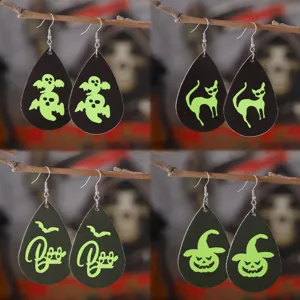 Pendientes Colgantes de Gota de Agua de Cuero PU Gótico de Halloween Calabaza Fantasma Gato Estampado Doble Cara Joyería de Oreja para Fiesta Mujer