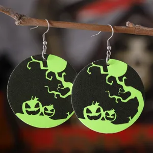 Halloween estilo gótico redondo PU cuero fluorescente calabaza pendientes colgantes mujer fiesta.