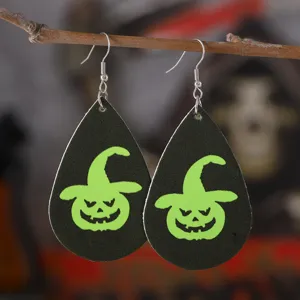 Pendientes colgantes de calabaza verde Halloween de cuero PU, joyería de fiesta gótica.