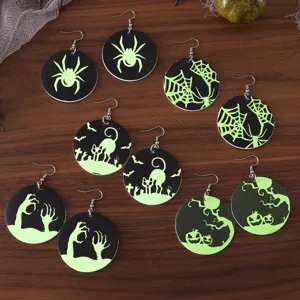 Pendientes colgantes redondos brillantes de Halloween calabaza arana cuero PU joyas