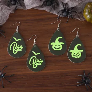 Halloween gótico fluorescente verde calabaza fantasma PU cuero pendientes colgantes