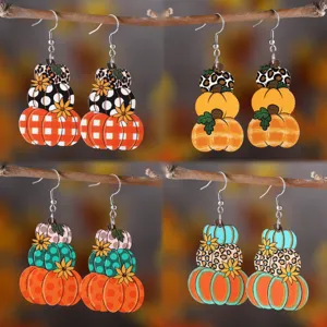 Pendientes de Madera de Calabaza de Acción de Gracias Cosecha de Otoño Cuadros Leopardo Girasol Floral Doble Cara Madera Colgantes para Mujer Joyería