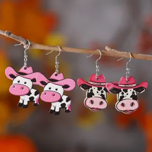Western Style Pink Denim Hat Cow Wooden Double Sided Print Drop Earrings Farm Animal Dangle Jewelry For Women Girls