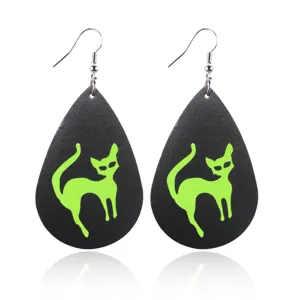 Pendientes colgantes de cuero PU de gato verde neón gótico de Halloween, joyería de moda.