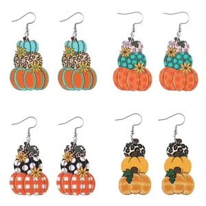 Pendientes colgantes de madera de calabaza en capas otoño Thanksgiving joyería moda.