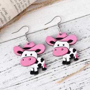 Cute pink cowboy hat cow wooden dangle earrings for women girls cute farm animal jewelry