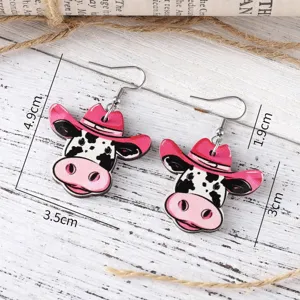 Cute pink cowboy hat cow wooden earrings, western farm style animal drop earrings for women.