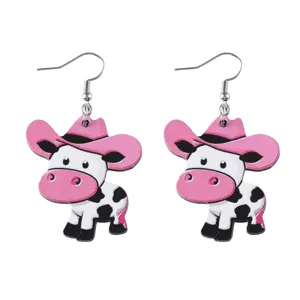 Cute pink cowboy hat cow wooden earrings for women, fun cartoon farm animal drop earrings