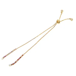 Gold plated adjustable slider bracelet chain DIY component with colorful cubic zirconia.