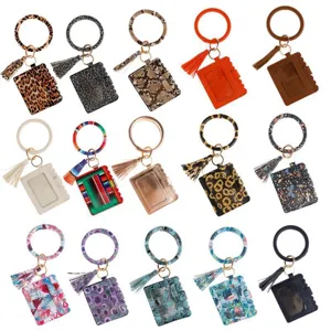 PU Leather Wristlet Keychain Wallet With Tassel Round Bracelet Card Holder For Women Fashion Leopard Snake Print Key Ring Purse
