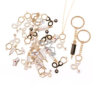 Alloy medical theme enamel charms set DIY stethoscope syringe pendant for necklace keychain making
