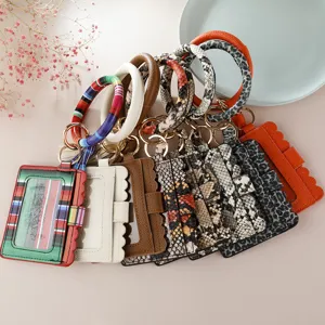 PU leather wristlet keychain card holder with round bracelet ring, multi-color fashion card case.