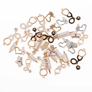 Nurse stethoscope syringe charms alloy enamel DIY jewelry making pendants bulk details