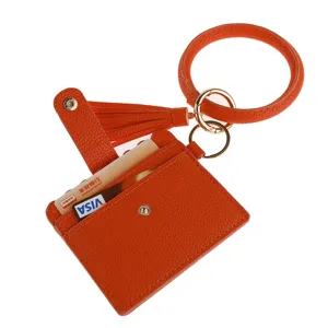 Orange PU Leather Card Holder Wristlet Bangle Keychain with Tassel Wallet Pouch