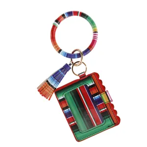 Colorful Mexican stripe wristlet keychain with card holder and tassel for women daily use.