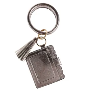 Metallic grey PU leather wristlet keychain card holder with tassel detail for daily use.