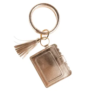 PU leather wristlet keychain bracelet with card holder tassel metallic finish chic accessory