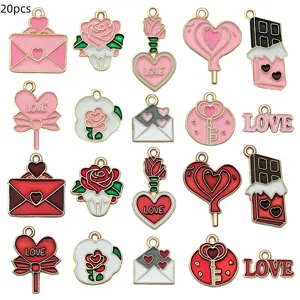 Detailed view of 20pcs Valentine day pink red enamel heart rose chocolate charms for DIY jewelry.