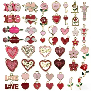 Pink heart rose enamel charms set for DIY jewelry making, cute Valentine day pendant gifts.