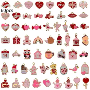 60Pcs Valentine's Day Enamel Charms Pink Heart Love DIY Jewelry Making Pendants Craft