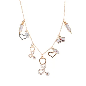 Minimalist Alloy Medical Theme Enamel Pendant Necklace Stethoscope Syringe Heart Nurse Cap Shape Gold Plated Layered Charm Necklace For Nurse Doctor Gift Women Jewelry