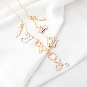 Gold nurse necklace medical theme stethoscope syringe pendant enamel fashion jewelry chic