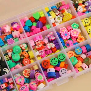 Detailed view of colorful polymer clay beads in a storage box for DIY jewelry making bracelets.