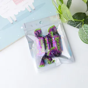Colorful holographic ziplock bag detail, transparent aluminum foil packaging pouch for jewelry.