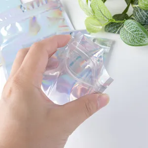 Detail view of colorful holographic ziplock bag, translucent foil packaging with hole