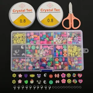 Polymer clay beads 15-grid storage box DIY jewelry making set with elastic cord and tools.