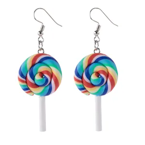 Close up detail of colorful polymer clay swirl lollipop dangle earrings with metal hooks.