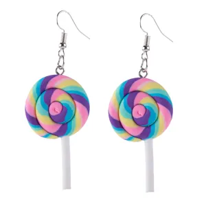 Colorful lollipop polymer clay dangle earrings closeup detail, fun sweet candy jewelry for women.