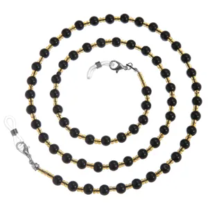 Elegante cadena de cuentas para gafas negro y oro cordón de mascarilla anti pérdida mujer.