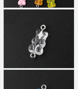 Clear resin gummy bear charms with metal loops for DIY jewelry making and cute crafts.