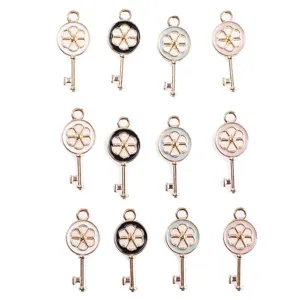 Enamel key pendant detail showing flower shape and colorful alloy finish for DIY craft jewelry.