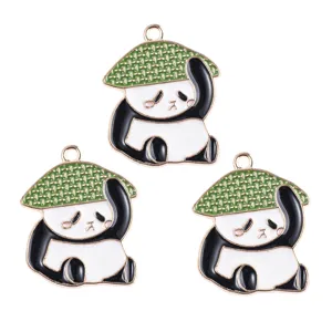 Cute straw hat panda alloy pendant, creative DIY bag charm and keychain decoration accessory.