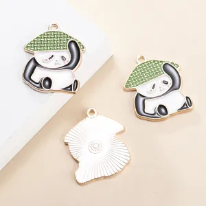 Cute cartoon panda straw hat alloy pendant detail shot showing fine craftsmanship and design.