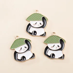 Cute Cartoon Panda Wearing Straw Hat Alloy Pendant Handmade DIY Keychain Bag Ornament Enamel Animal Charm Accessory