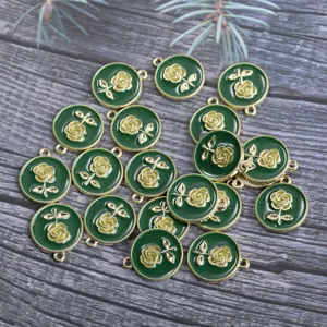 Ciondoli in metallo con rosa smaltata verde vintage per creazione di gioielli DIY