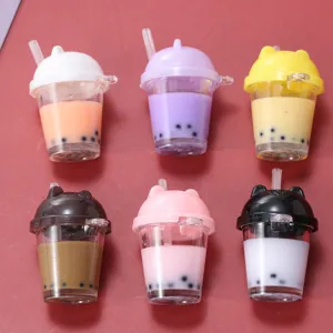 Miniature resin boba tea charms with cute bear ear lids, colorful DIY craft accessories.