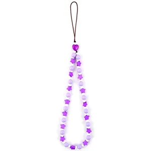 Colgante de telefono de resina colorida estrella, detalle de corazon morado, cordon anti-perdida.