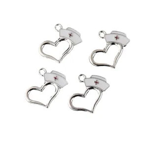 DIY alloy enamel heart nurse cap charms, silver metal medical theme pendants for jewelry making.