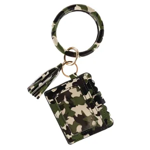 Camo PU leather wristlet cardholder keychain with tassel detail, stylish and convenient.