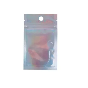 Detailed shot of holographic resealable ziplock bag with translucent window and hang hole.