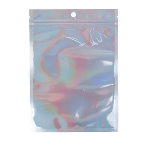 Holographic ziplock pouch detail view, ideal for small accessories and jewelry packaging.