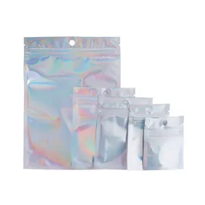 Holographic resealable foil zip bags detail showing iridescent finish and multiple sizes.